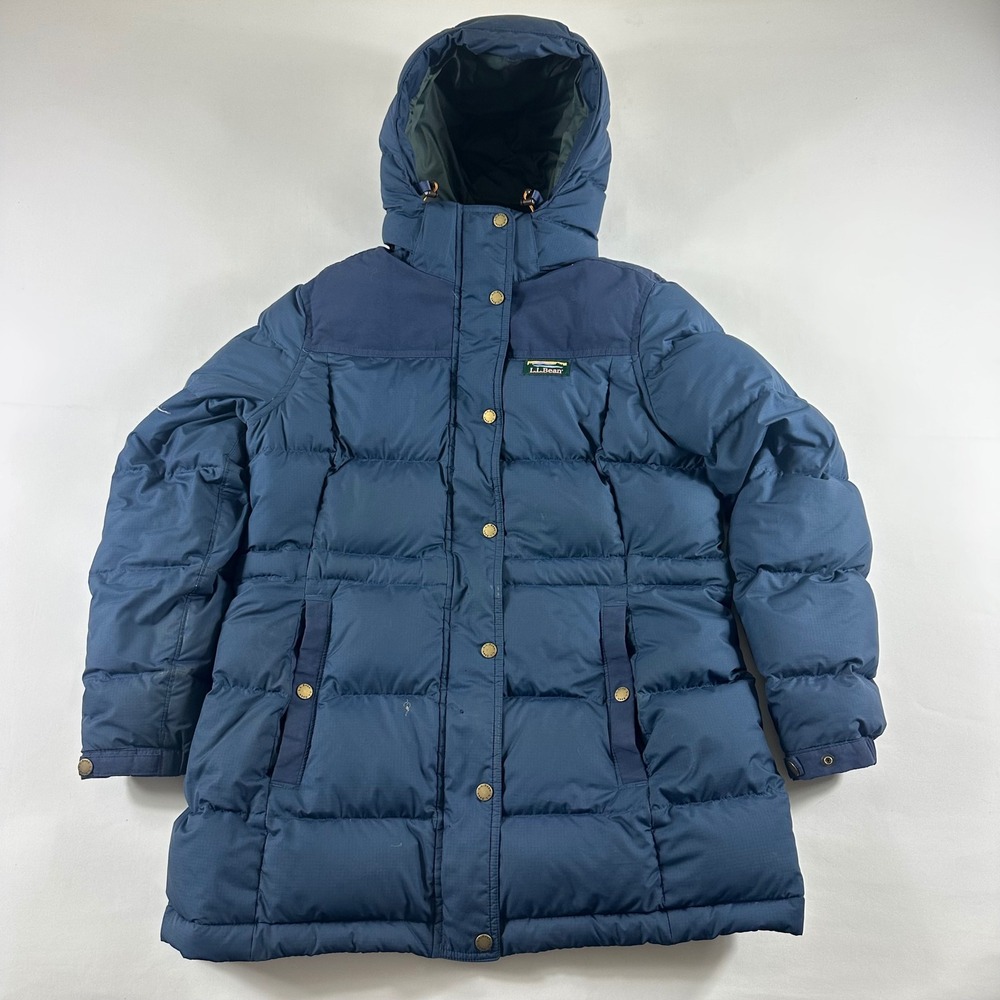 LL Bean Womens Medium Mountain Classic Down Parka Blue Petite 505979 Hooded Coat